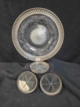 Sterling Silver & Etched Crystal Glass Dish Floral Trim PLUS (3) Sterling Coasters