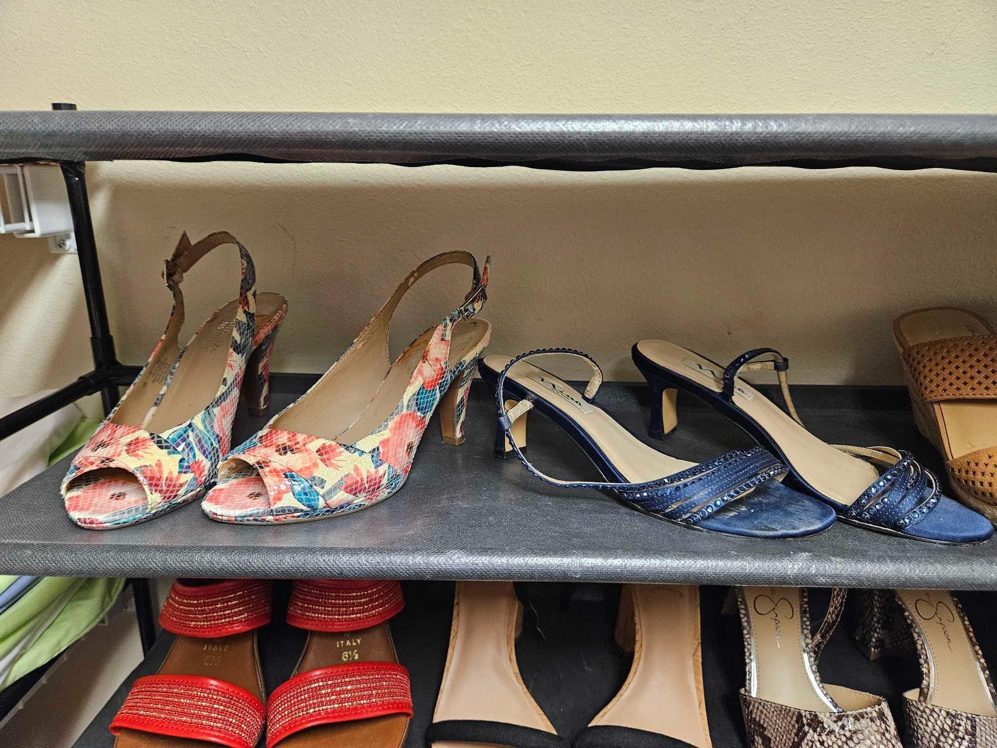 (3) shelves of Ladies Shoes heels, Jessica Simpson, Life stride, Tahari, Impo