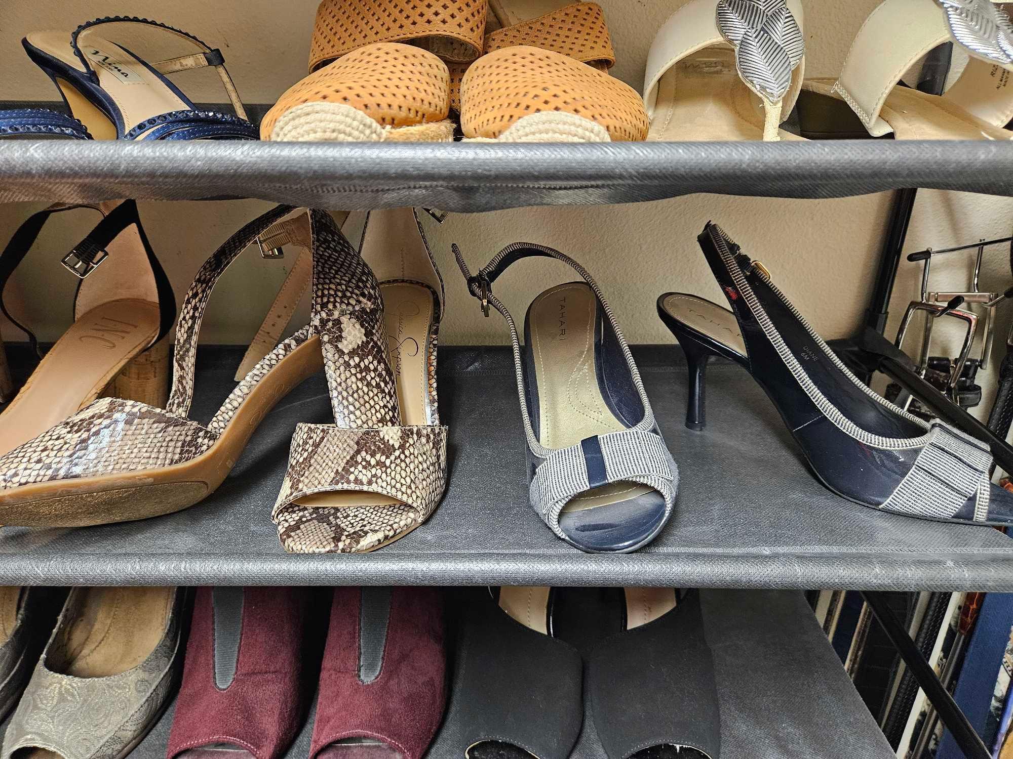 (3) shelves of Ladies Shoes heels, Jessica Simpson, Life stride, Tahari, Impo