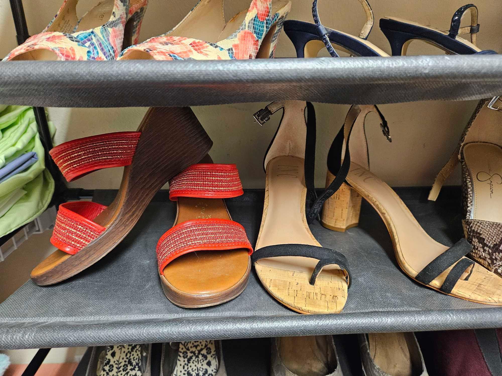 (3) shelves of Ladies Shoes heels, Jessica Simpson, Life stride, Tahari, Impo