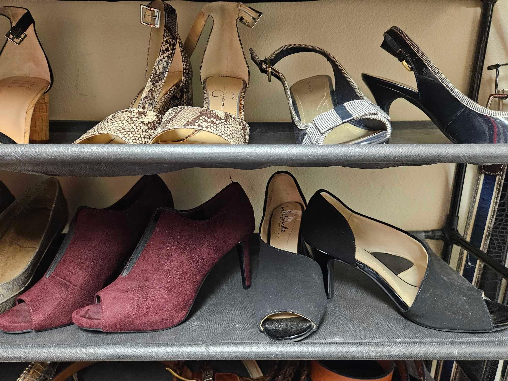 (3) shelves of Ladies Shoes heels, Jessica Simpson, Life stride, Tahari, Impo