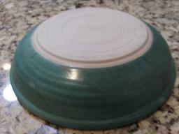 10.5" Turquoise Pottery Serving Bowl, Signed