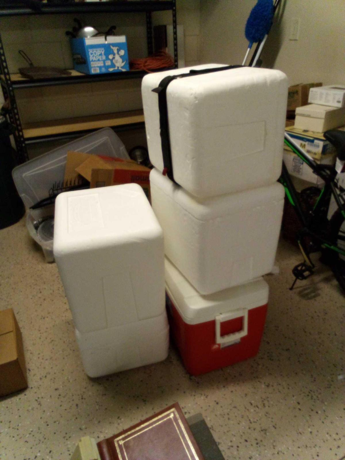 group of five coolers including igloo brand, styrofoam Omaha steaks