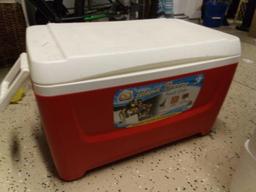 group of five coolers including igloo brand, styrofoam Omaha steaks