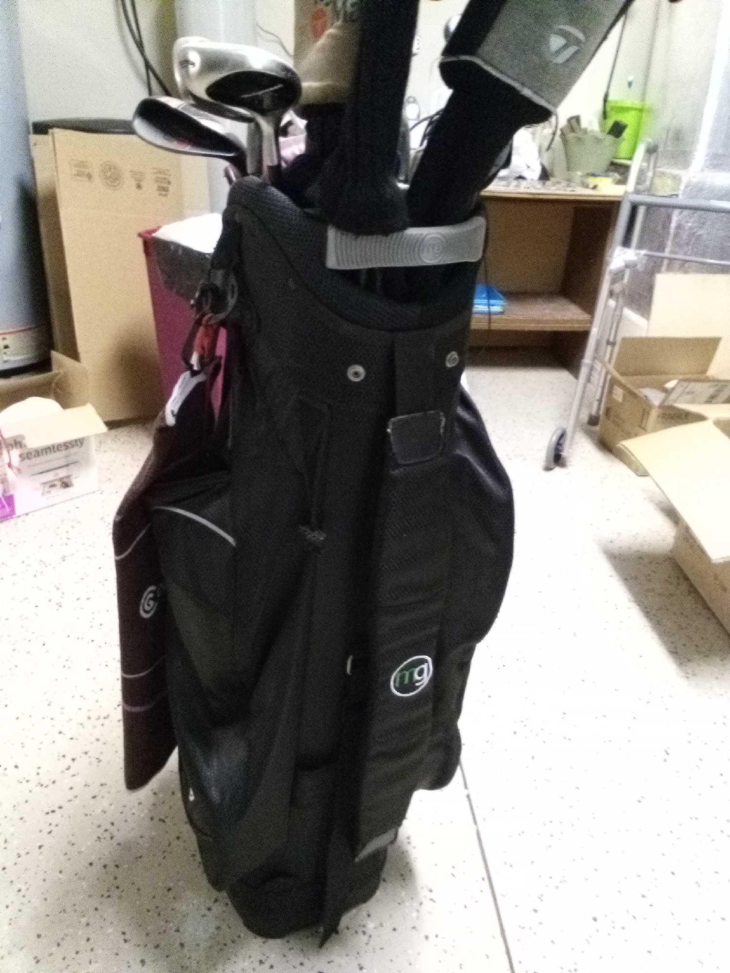 VERY NICE MG GOLF BAG WITH CLUBS INCLUDING MG GOLF, SLDR, TAYLOR MADE, C3I