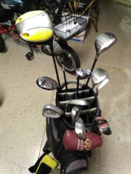 VERY NICE MG GOLF BAG WITH CLUBS INCLUDING MG GOLF, SLDR, TAYLOR MADE, C3I