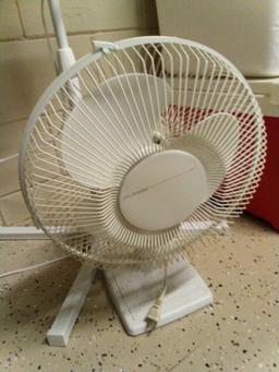 PAIR OF FANS, POLONIS FLOOR STAND, HOLMES DESK