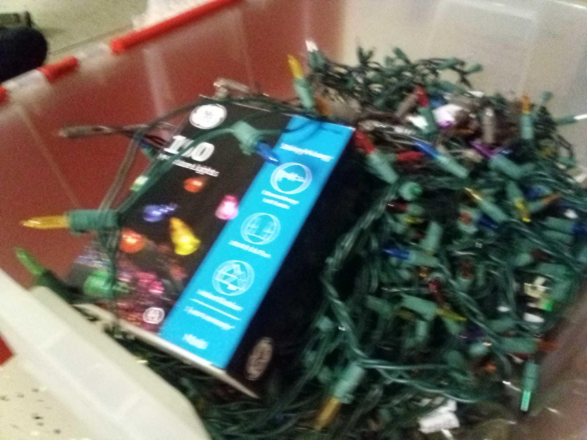 THREE TOTES SLAM FULL OF CHRISTMAS LIGHTS, COLORFUL, ICICLES, FROSTED SPHERES