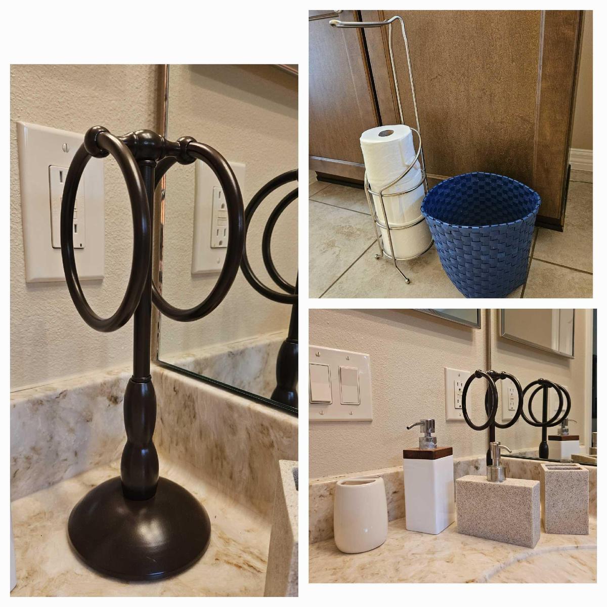 Bathroom grouping - soap dispensers, holders for toothbrush and toilet paper