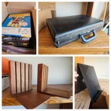 WOODEN BOOKENDS, BREIFCASE, AND MORE OFFICE GOODS