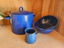 Blue Enamel pot, bowls, pourer