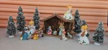 CERAMIC NATIVITY, CRESH, TREES, AND SINGING ANGELS