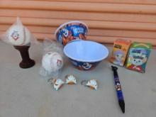 KELLOGS TONY THE TIGER BOWLS, BASEBALLS, DISNEY, AND RESCUERS ORNAMENTS