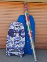 COLORFUL large BEACH UMBRELLA AND BOOGIE BOARDS