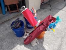 (2) LOWES BUCKETS FULL OF ODDS AND ENDS, GOLF, KITES, LUNCH BOX, DECOR