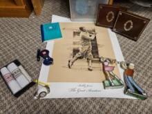 GOLFING TREASURES INCLUDING STAINED GLASS, VINTAGE BOOKENDS, DESK CLOCK