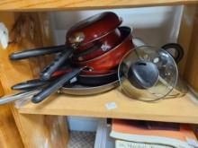 Enameled Cast Iron, RED POTS AND PANS WITH LIFDS AND SOME SAUTE PANS