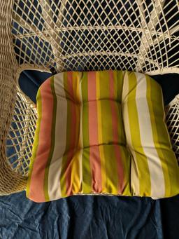 White Wicker Arm Chair with Striped Cushion