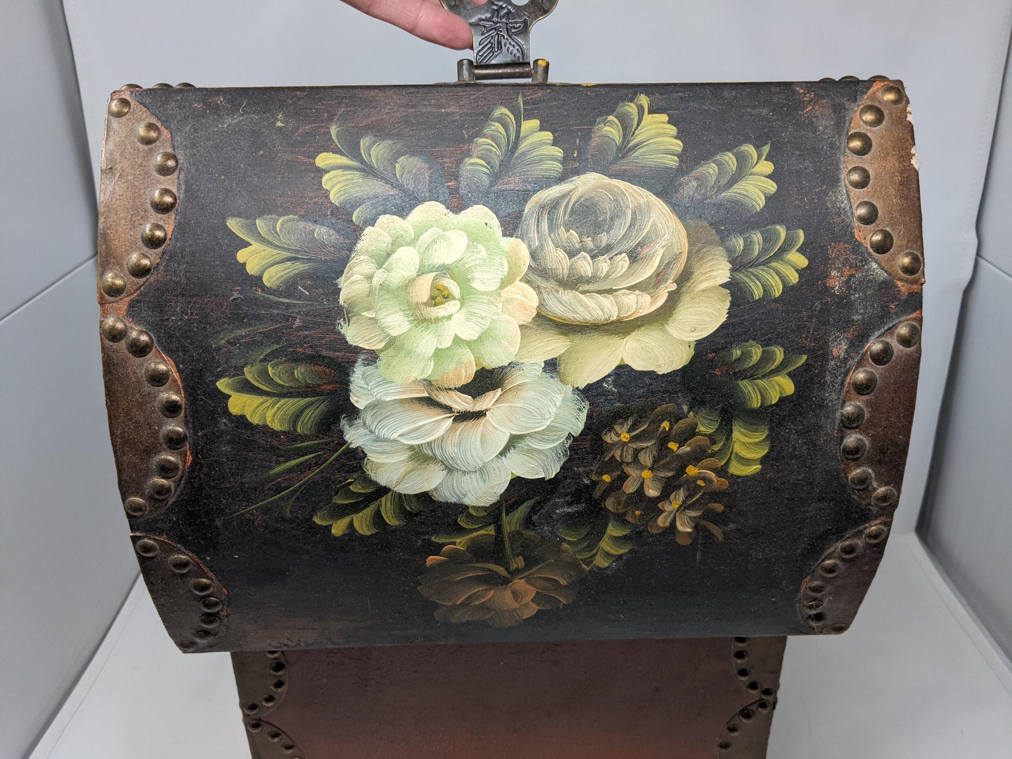 Small Paint Decorated DomeTop Trunk Box