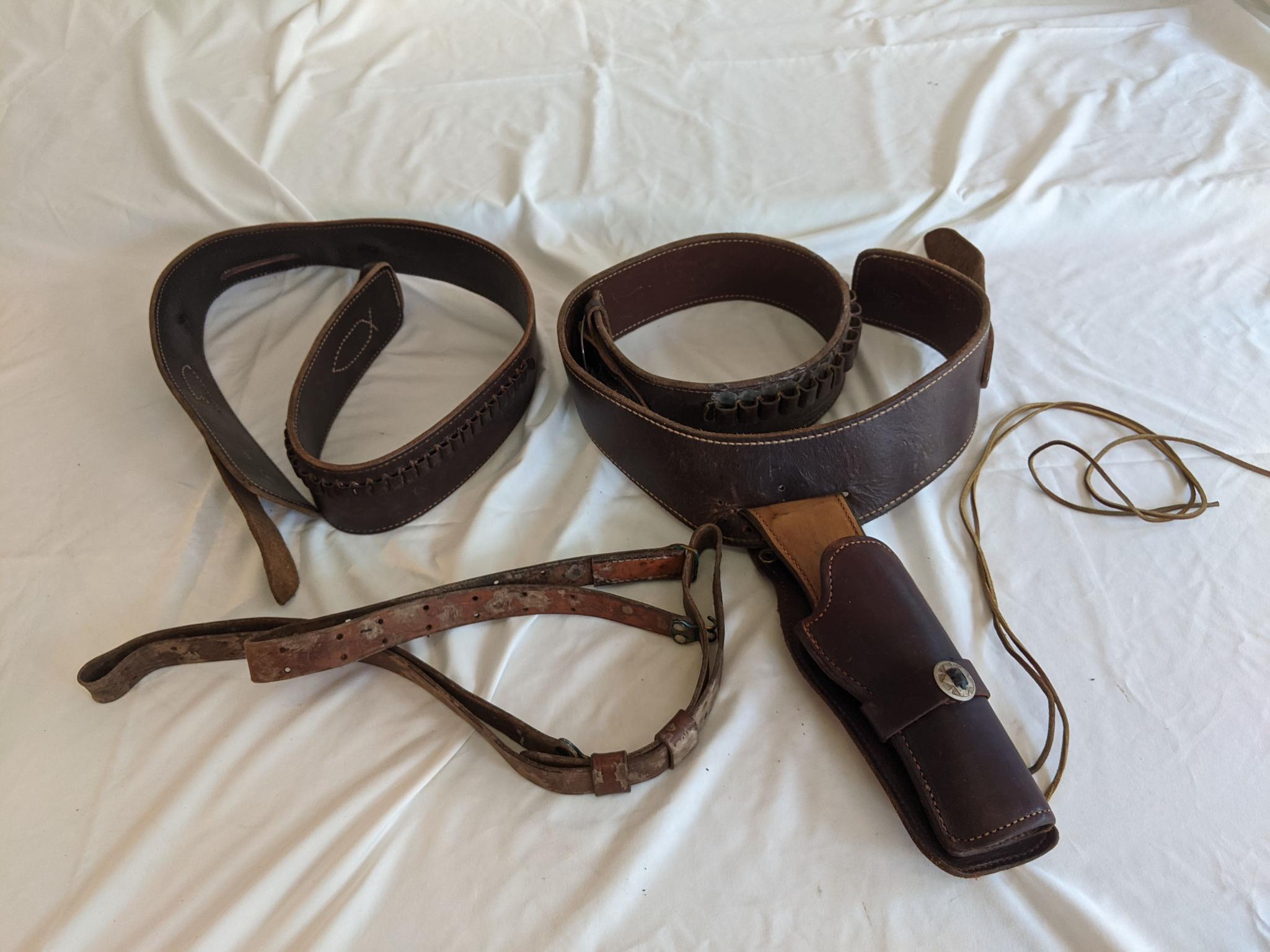 Leather Ammo Belts, One with Holster, other Belt