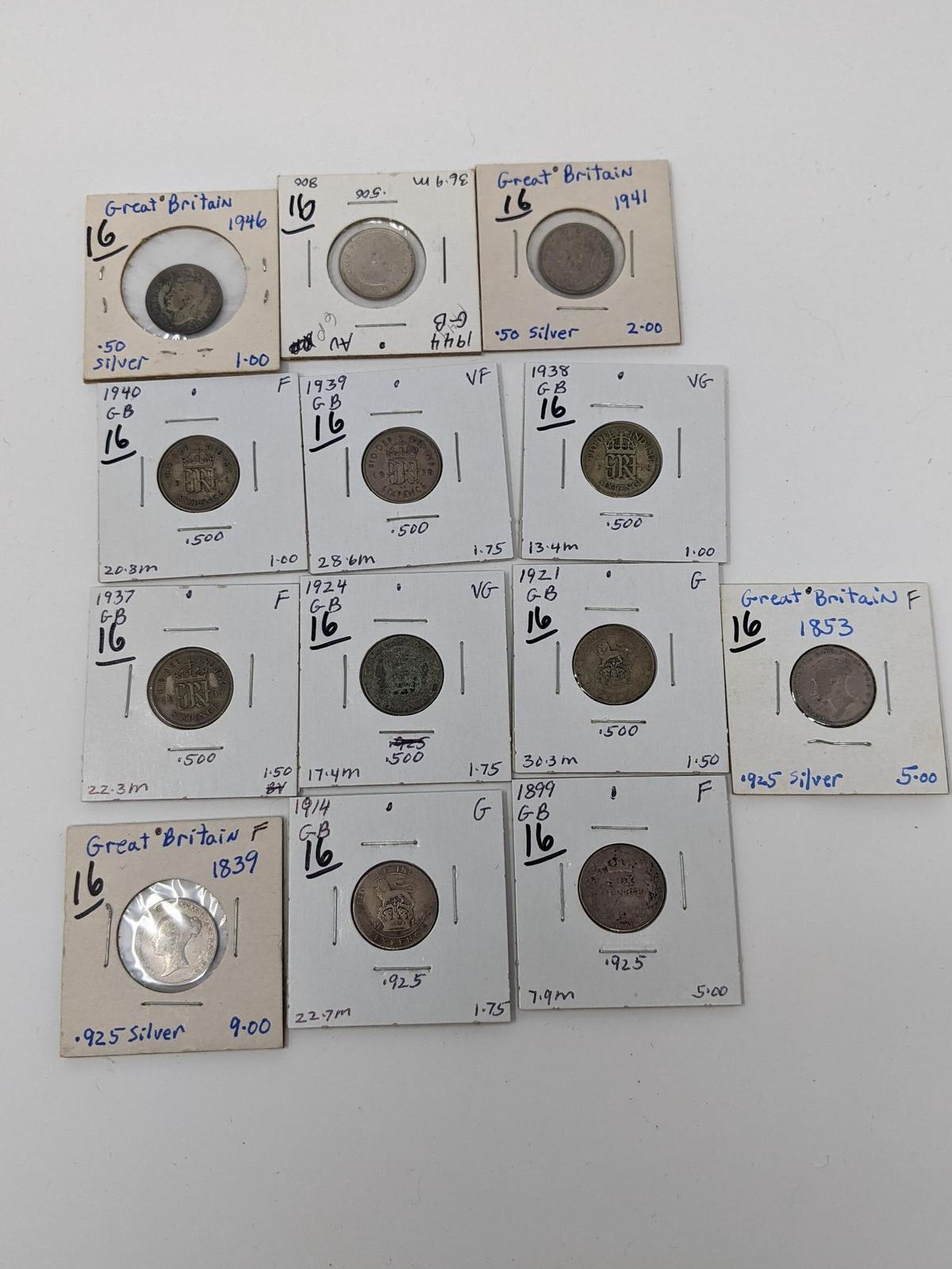 British 6-Pence 1839, 53, 99, 1914-46 (14 Pcs.)