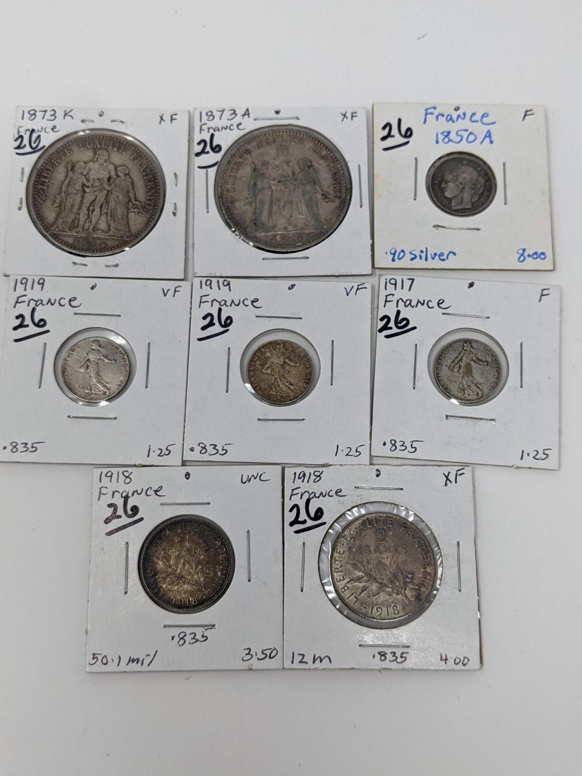 France 1850A 50-Cent, (3) 50 Centimes, 1918 Franc,, 1918 2 Franc, 1873A & 73K 5 Francs Silver