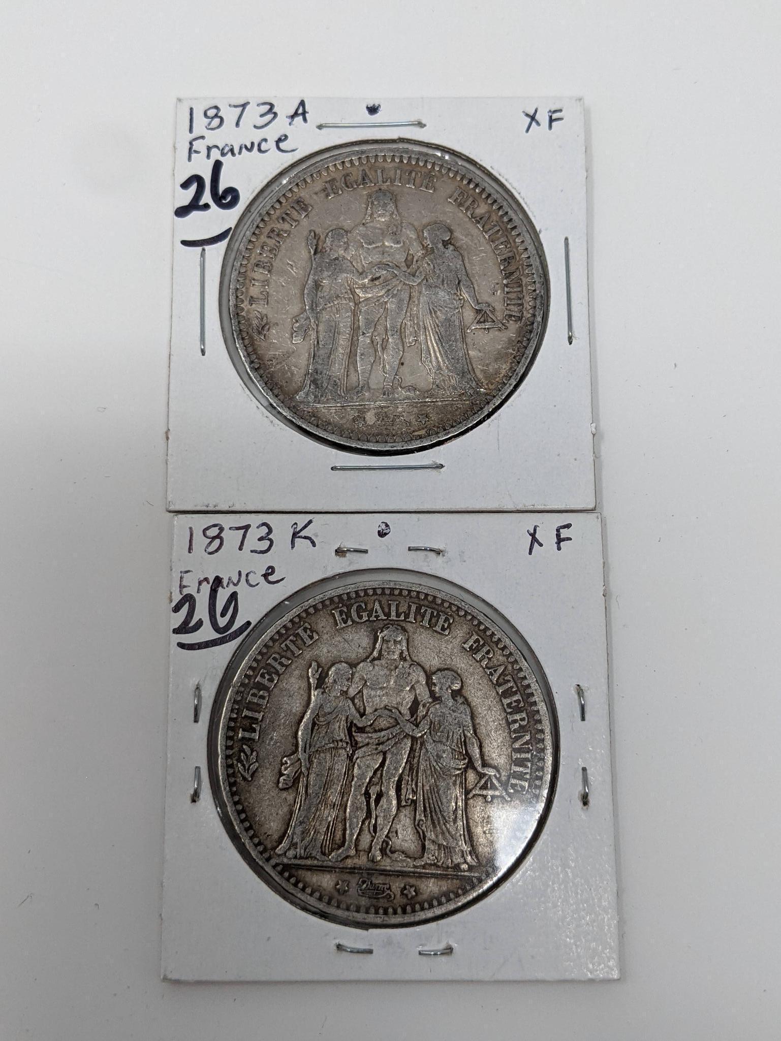 France 1850A 50-Cent, (3) 50 Centimes, 1918 Franc,, 1918 2 Franc, 1873A & 73K 5 Francs Silver