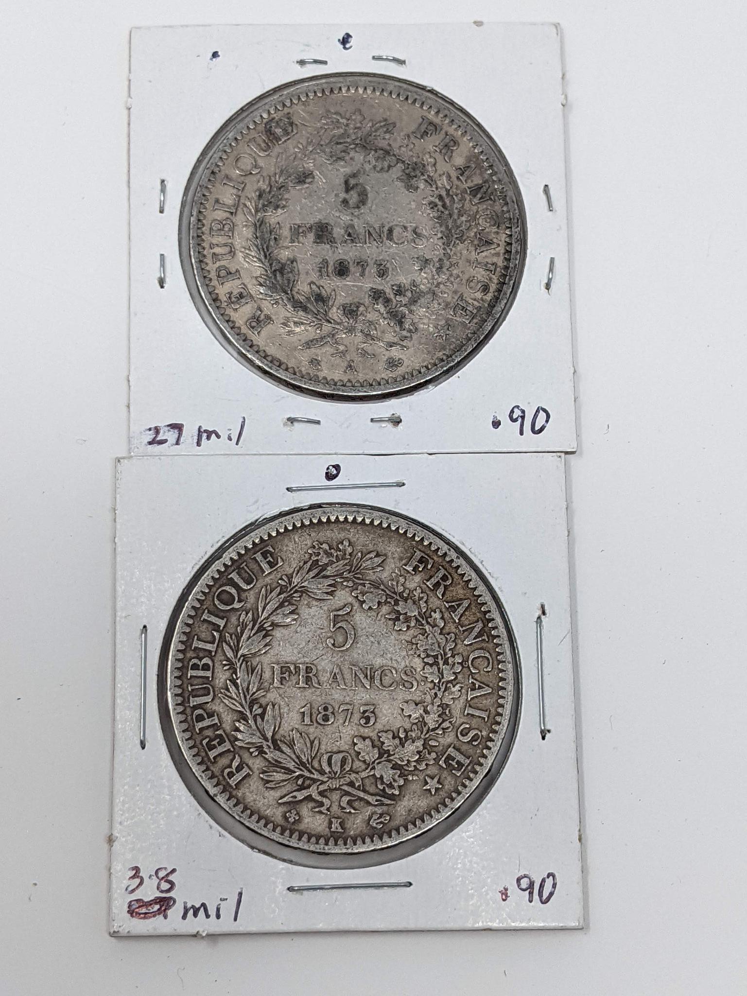 France 1850A 50-Cent, (3) 50 Centimes, 1918 Franc,, 1918 2 Franc, 1873A & 73K 5 Francs Silver