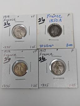 France 1850A 50-Cent, (3) 50 Centimes, 1918 Franc,, 1918 2 Franc, 1873A & 73K 5 Francs Silver