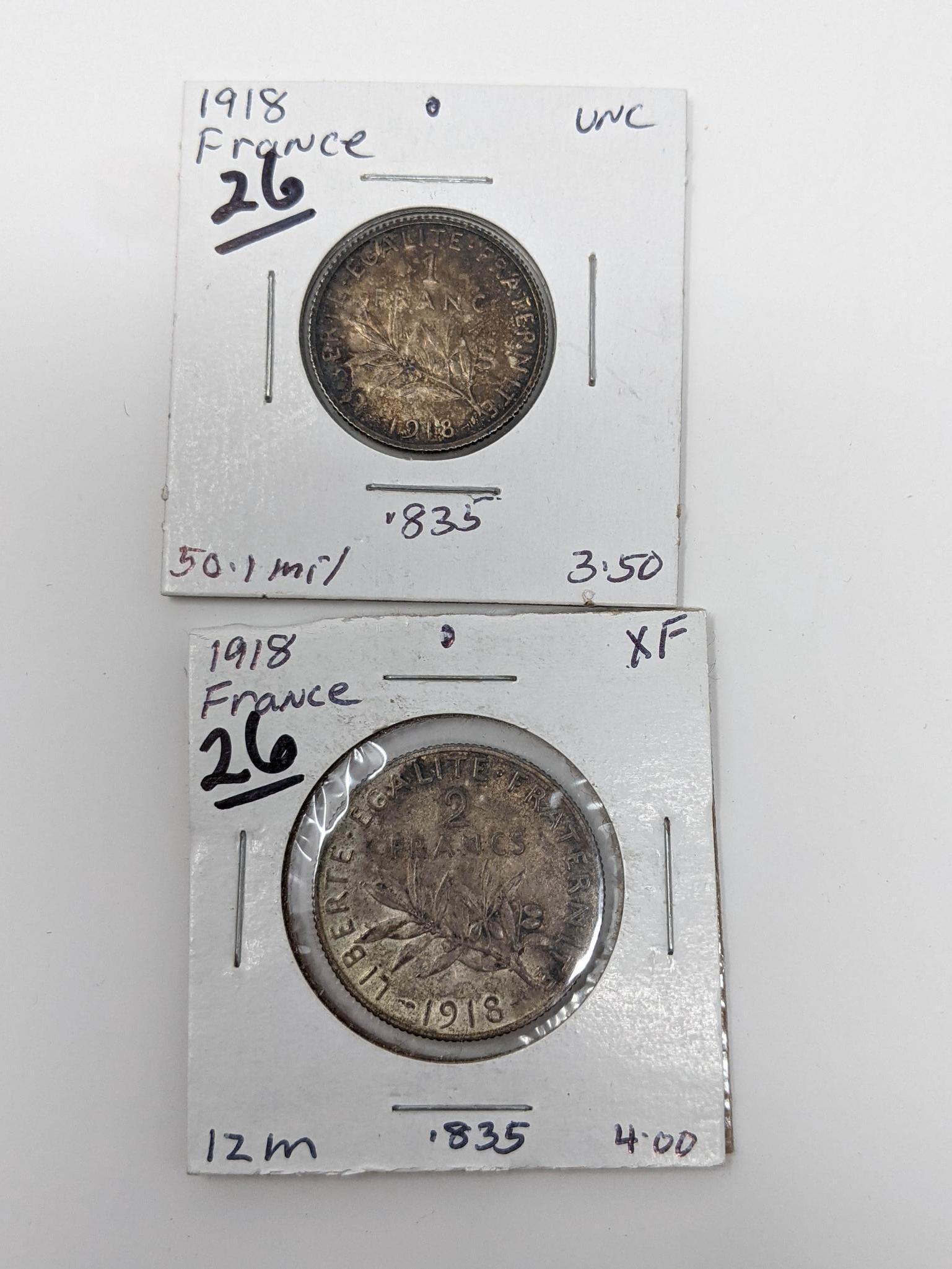 France 1850A 50-Cent, (3) 50 Centimes, 1918 Franc,, 1918 2 Franc, 1873A & 73K 5 Francs Silver