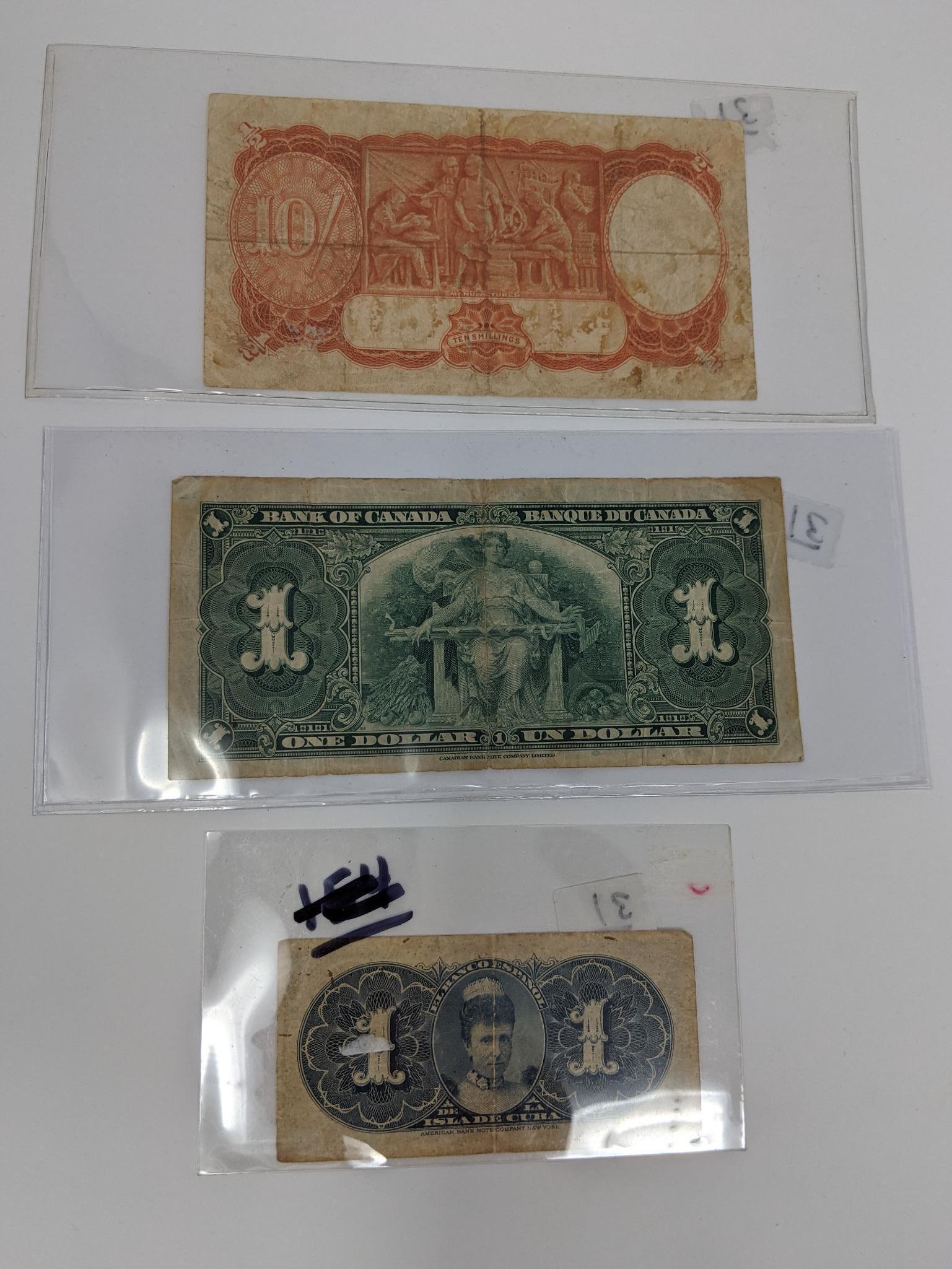 13 Pcs. Foreign Currency, Includes 1937 $1 Canada