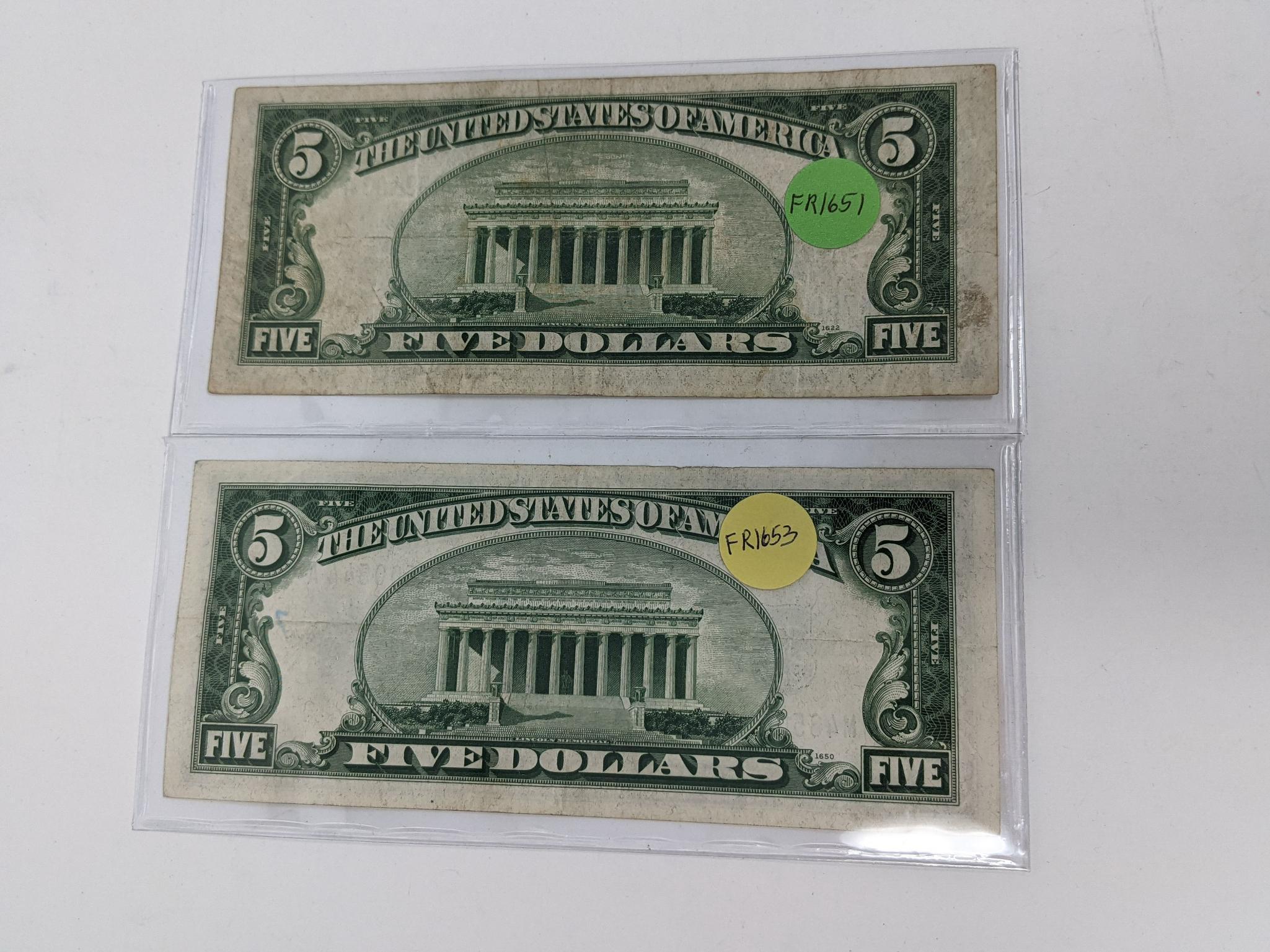 $5 1934 FRN; Silver Certs: (2) 1934A, 34C; (3) 53A Star Notes VG-VF