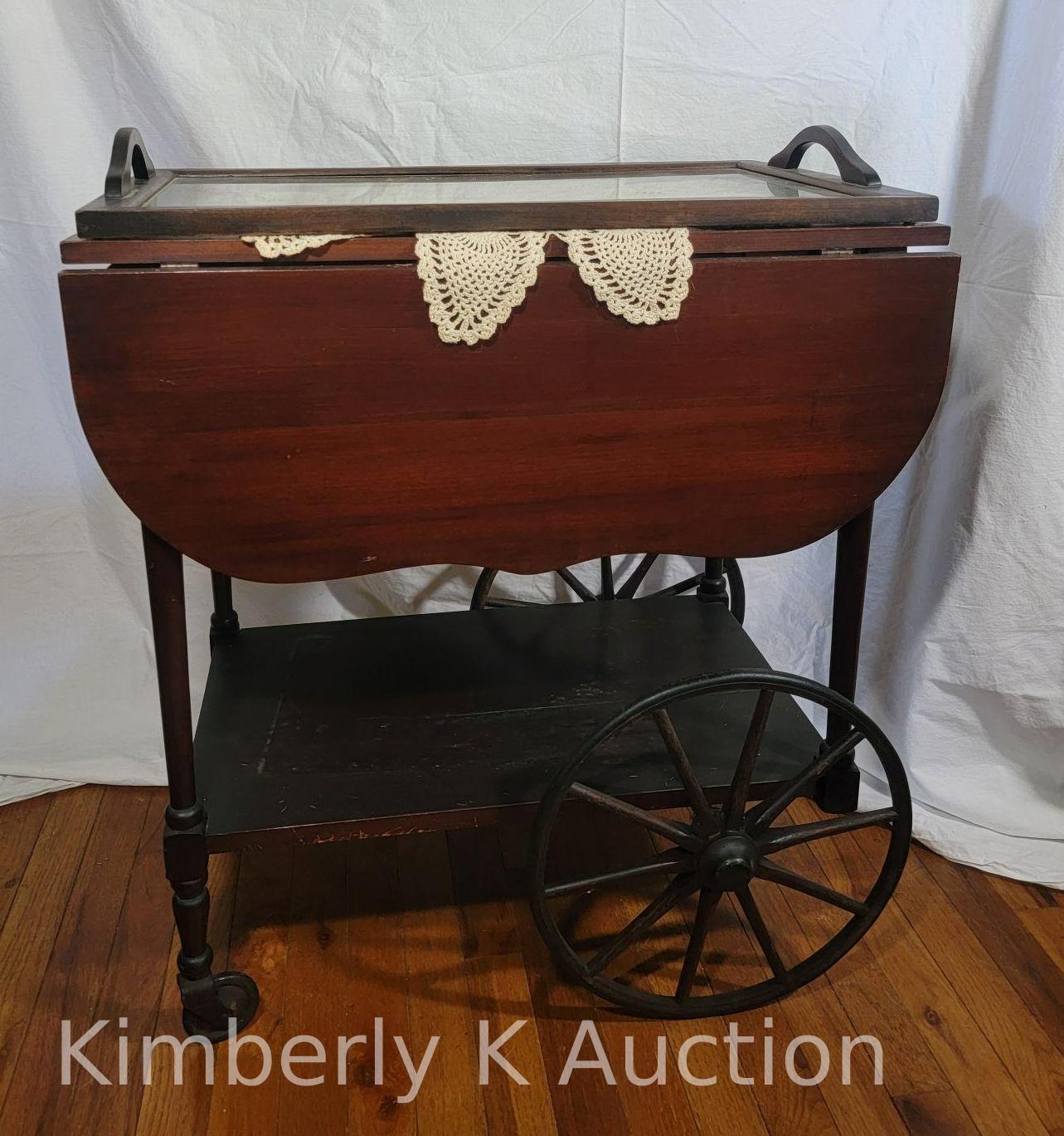 Wooden Tea Cart with Glass Tray Top