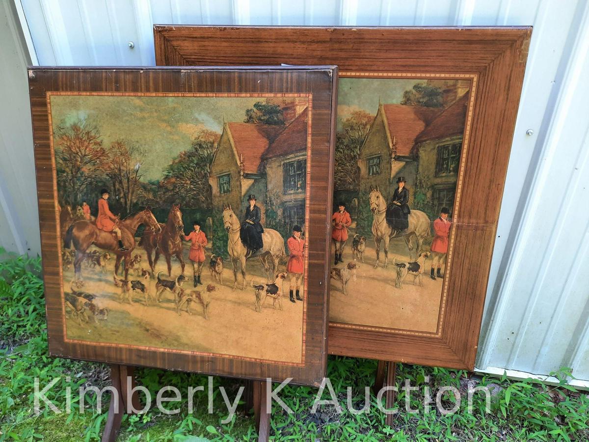 2 Folding Card Tables with Hunt Scene Tops, 26.5" W. x 26.5" L x 27" H. & 29.5" W. x 29.5" L x 27" H