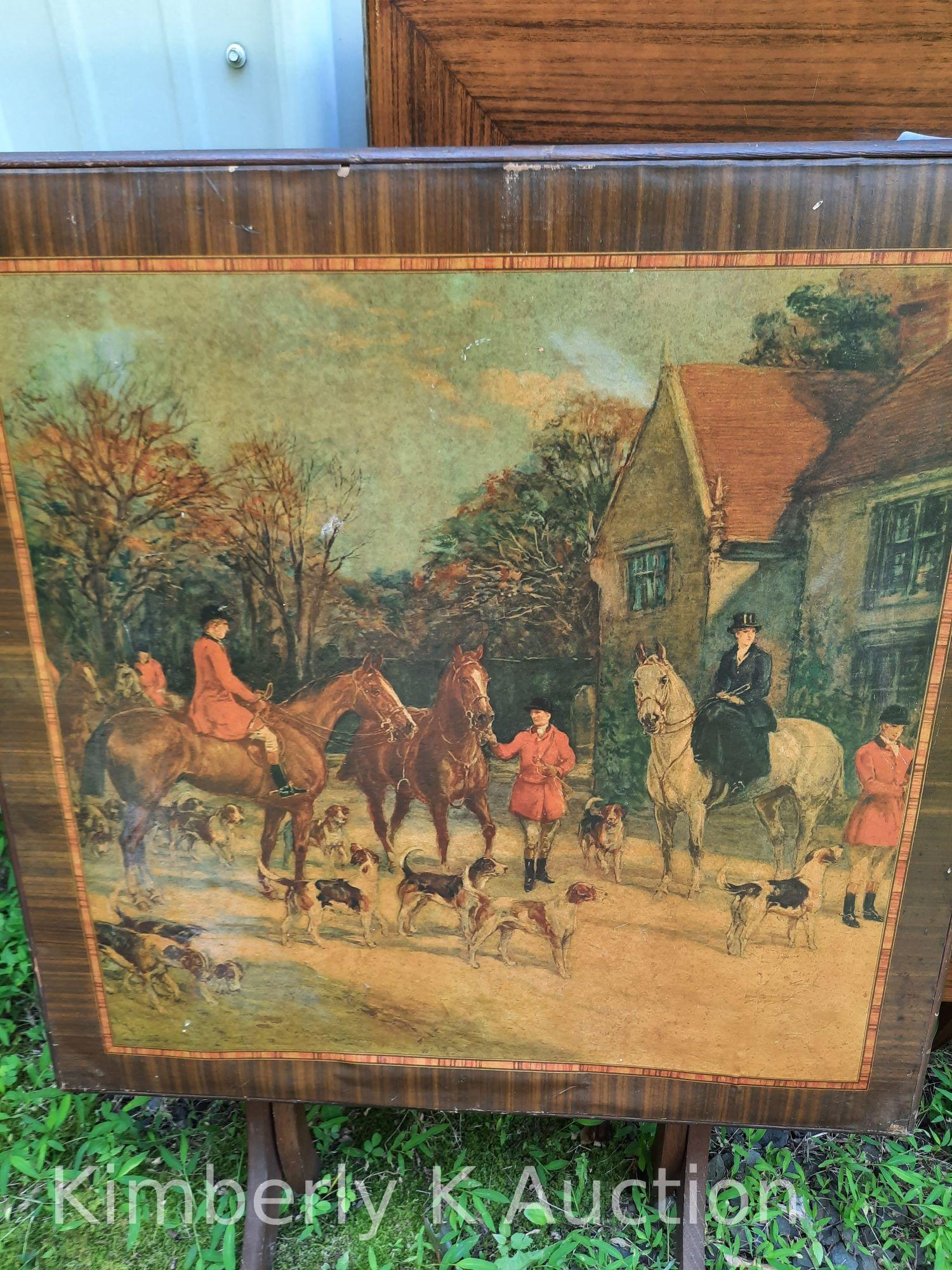 2 Folding Card Tables with Hunt Scene Tops, 26.5" W. x 26.5" L x 27" H. & 29.5" W. x 29.5" L x 27" H