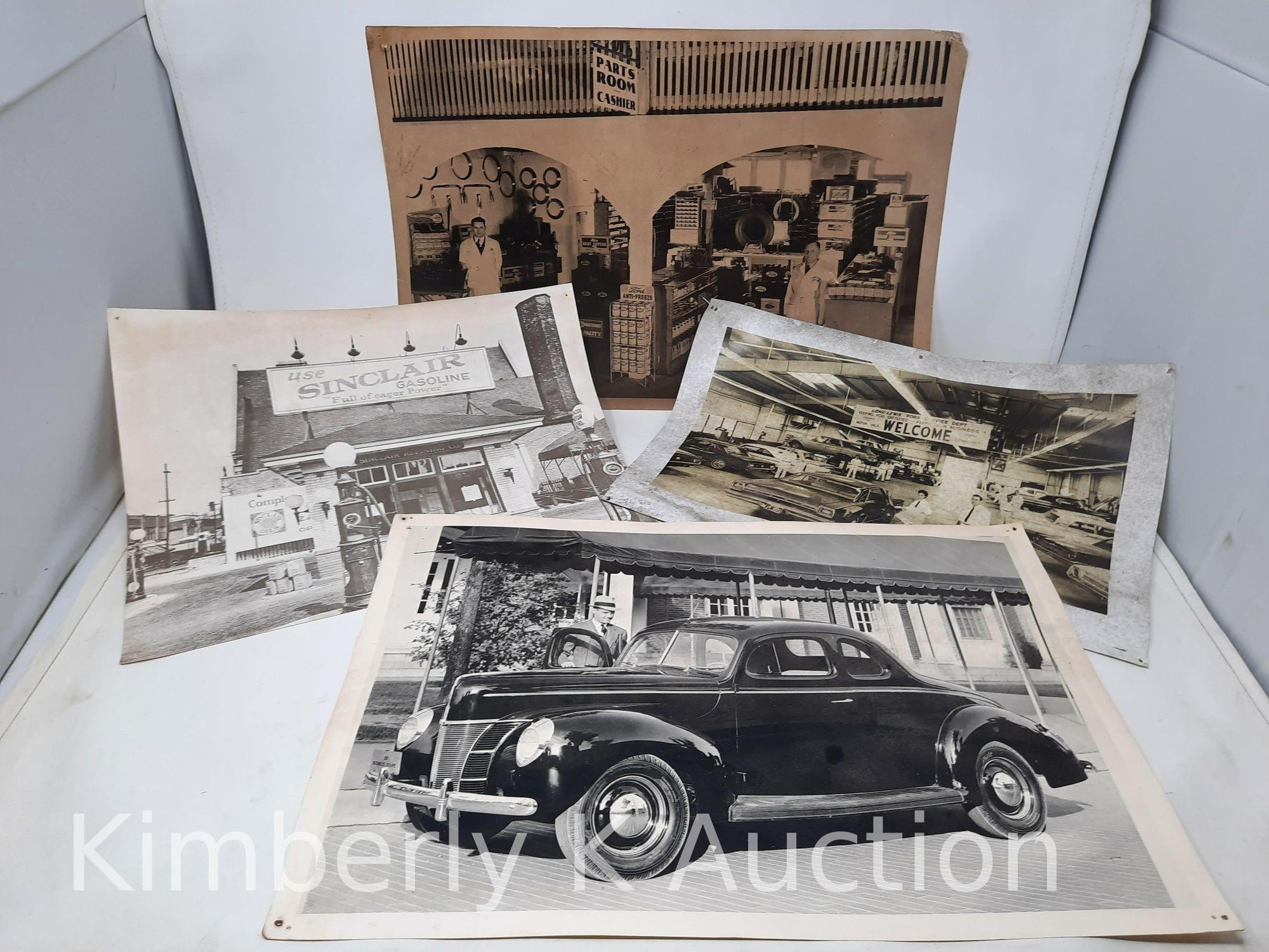 4 Early Automotive Related Prints-Parts Room, '40 Ford, Dealer Service and Sinclair Station