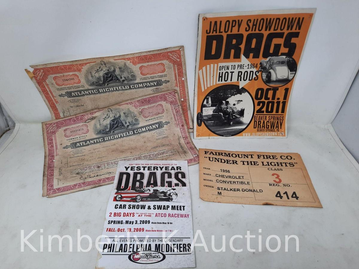 5 Ephemera Items- Atlantic Stocks, Drag Advertisements, Firehouse Registration