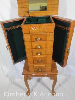 Queen Anne Style Blonde Oak Jewelry Cabinet