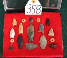 13 Authentic Paleo Arrowheads & Artifacts in Display Case