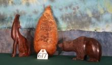 Hand Carved Wooden Grizzly Bear, Coyote and Large Gourd Decor