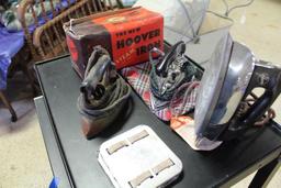 3 Vintae and Antique Irons. Hoover w Orig Box