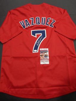 Christian Vazquez Boston Red Sox Autographed Custom Red Jersey w/Full Time & JSA W coa