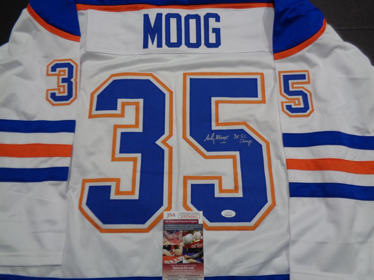 Andy Moog Edmonton Oilers Autographed Custom Road White Hockey Style Jersey w/JSA W coa