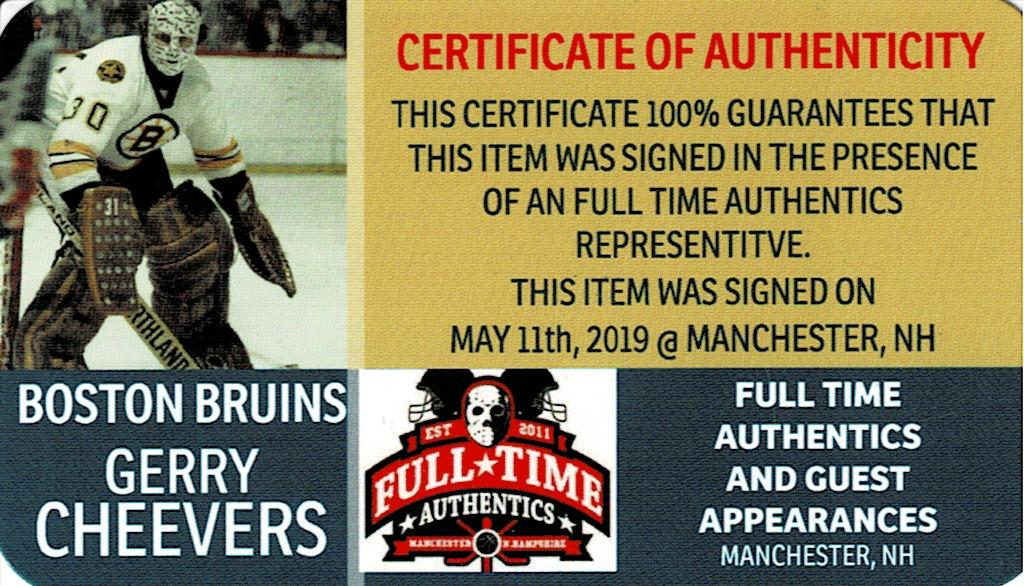 Gerry Cheevers Boston Bruins Autographed 8x10 The Mask Photo w/Full Time coa