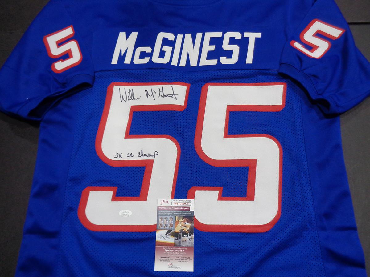 Willie McGinest NE Patriots Autographed & Inscribed Custom TB Blue Jersey w/JSA W coa