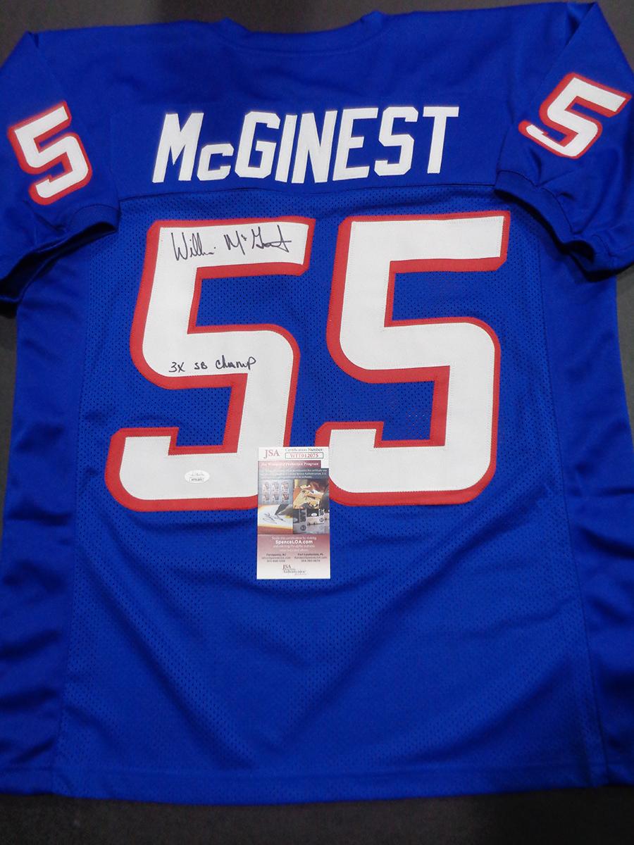 Willie McGinest NE Patriots Autographed & Inscribed Custom TB Blue Jersey w/JSA W coa