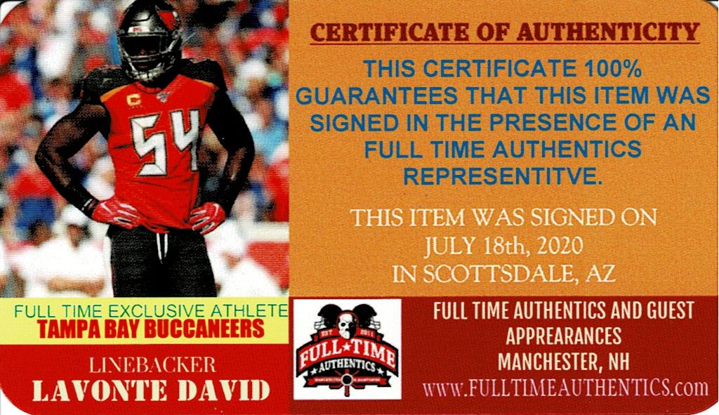 Lavonte David Tampa Bay Buccaneers Autographed 8x10 Solo photo w/Full Time Authentics coa