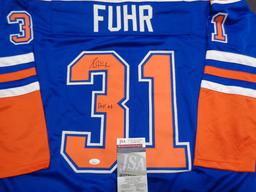 Grant Fuhr Edmonton Oilers Autographed & Inscribed Custom Hockey Jersey JSA W coa