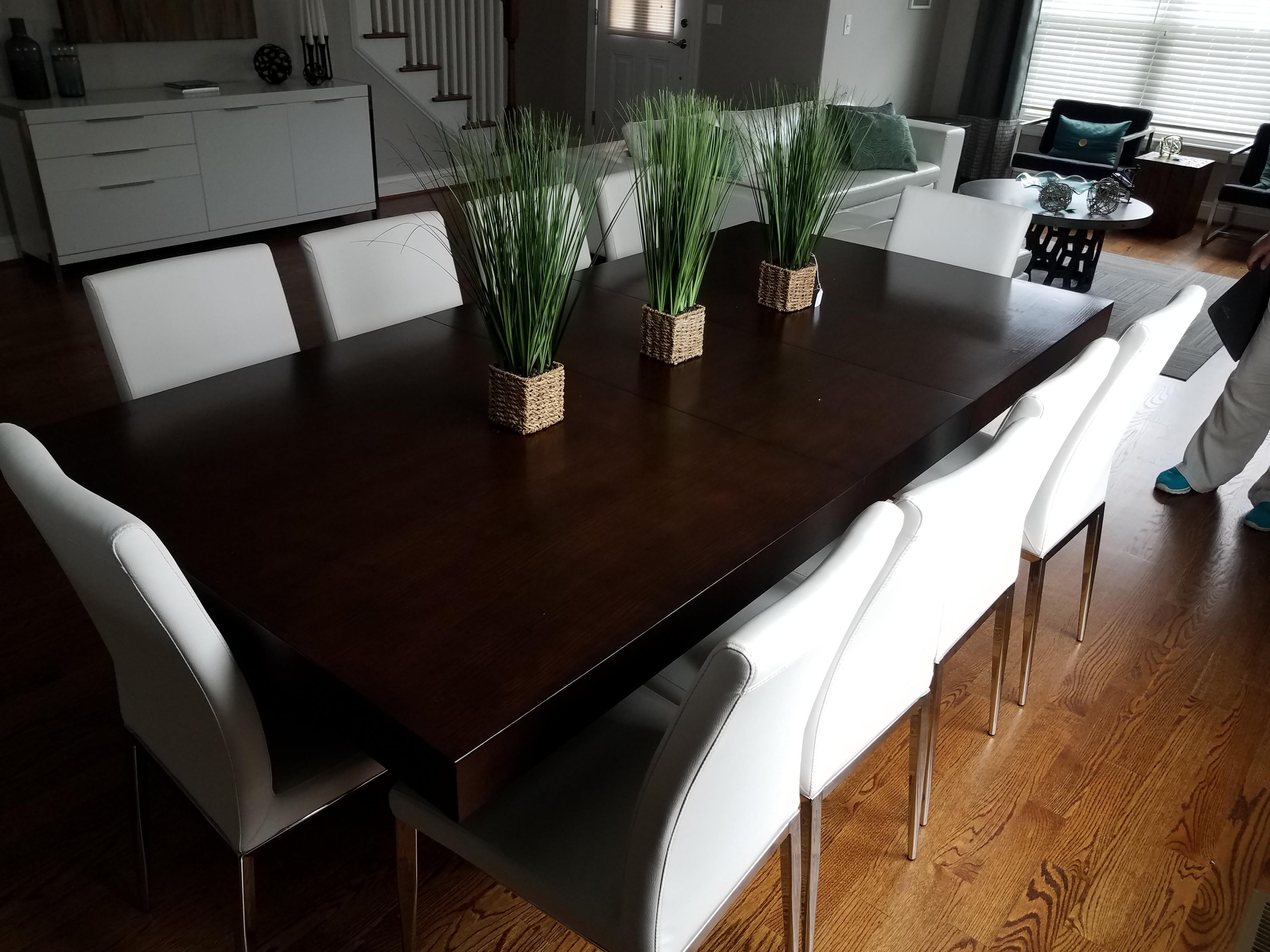 Antonio extendable dining table with 10 Sundance Parsons Chairs