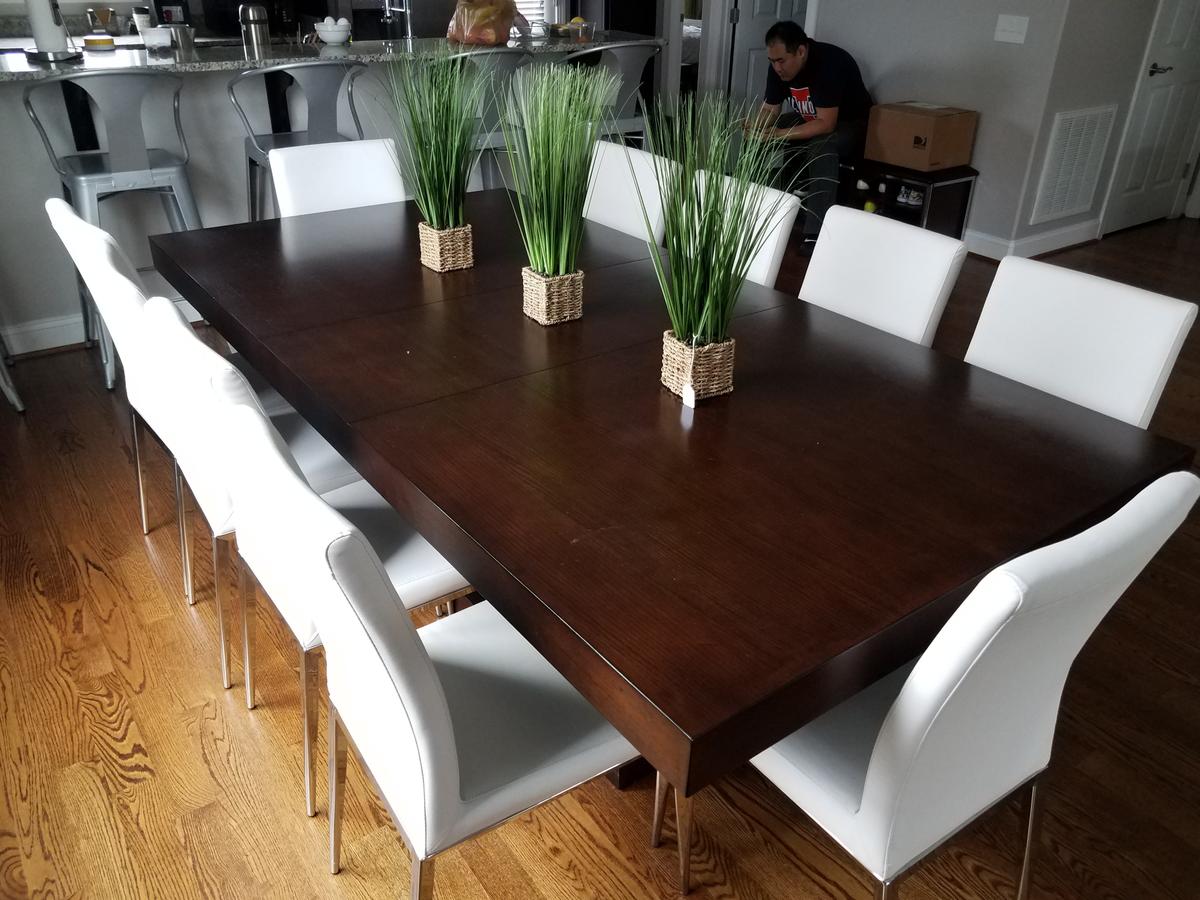 Antonio extendable dining table with 10 Sundance Parsons Chairs
